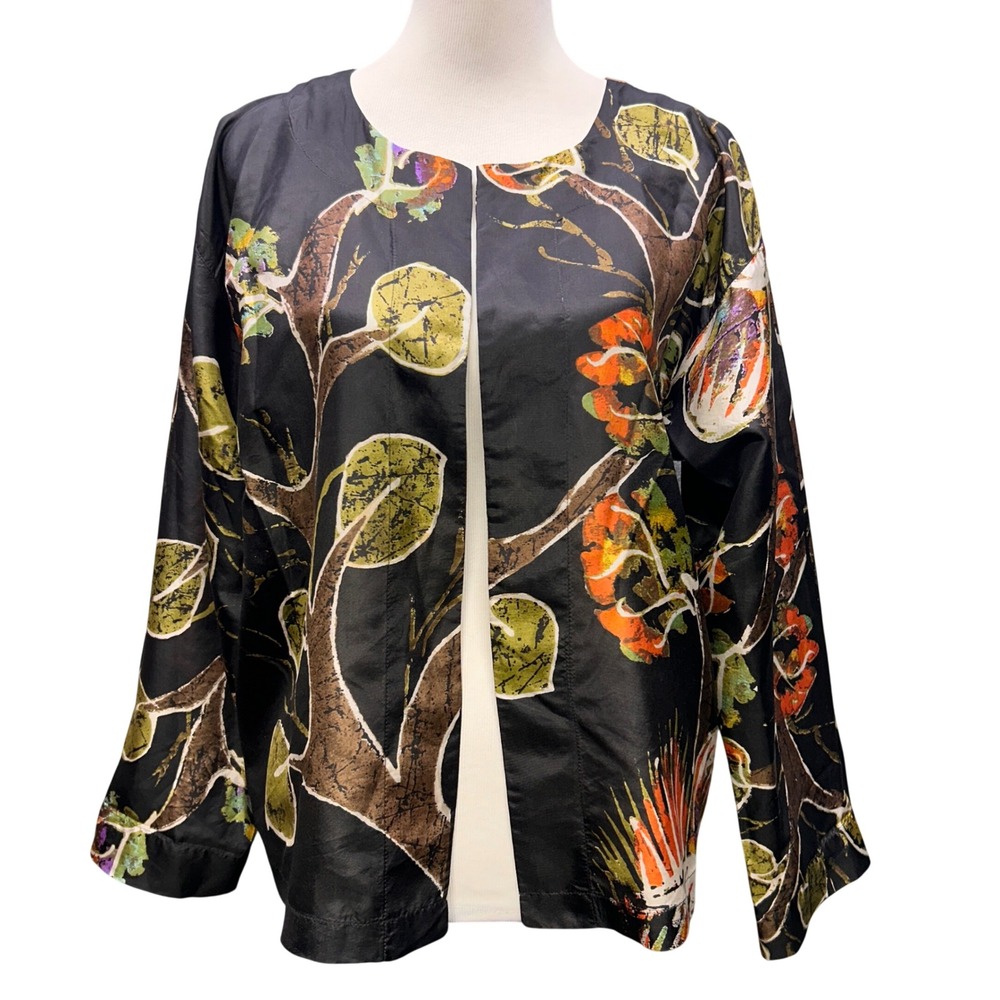 Chicos Silk Giraffe Print Open Front Kimono Jacket Women Sz 2/US L Black Light